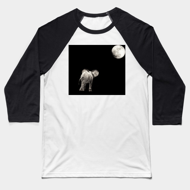 Monochrome | Black and White Series : Baby Elephant and the Moon Baseball T-Shirt by sanityfound